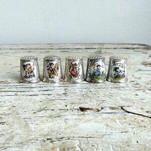 Vintage West Germany Silver Plated Thimbles Set 5 Enamel Hummel Style Scenes